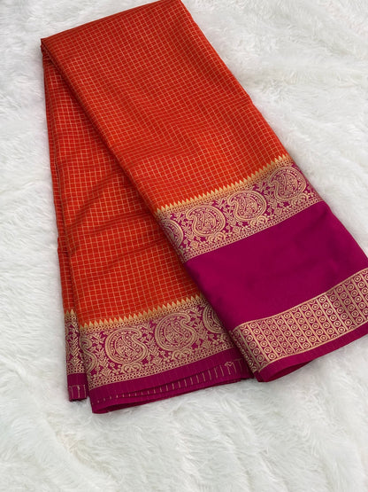 CHEX SEMI MYSORE CREPE SAREE IN CONTRAST (PREMIUM)